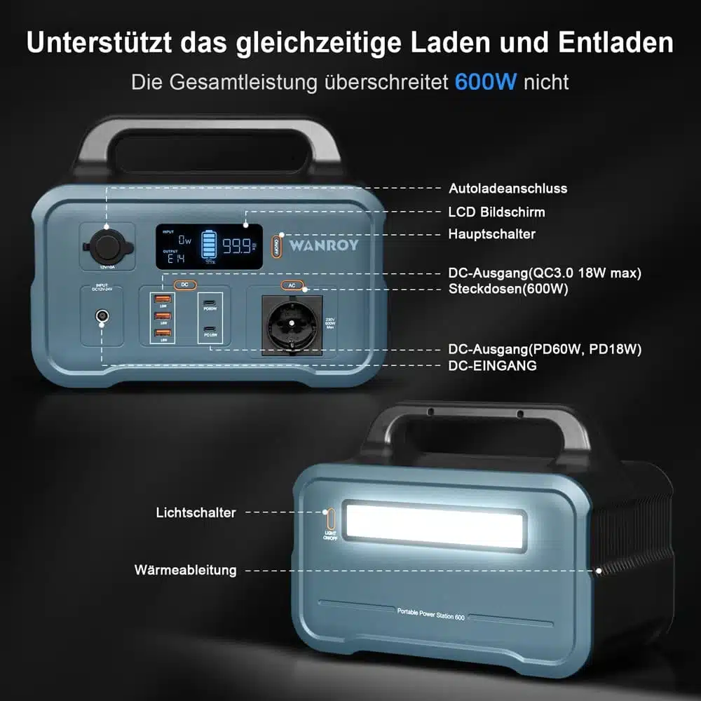 Powerstation 648Wh/600W Tragbare Powerstation mit 100W Solarpanel WANROY – Bild 5